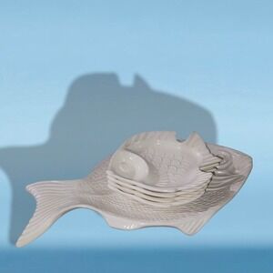 Ceramic Fish Platters, Large Portuguese Plate, with Two Small, White Fish Bowls